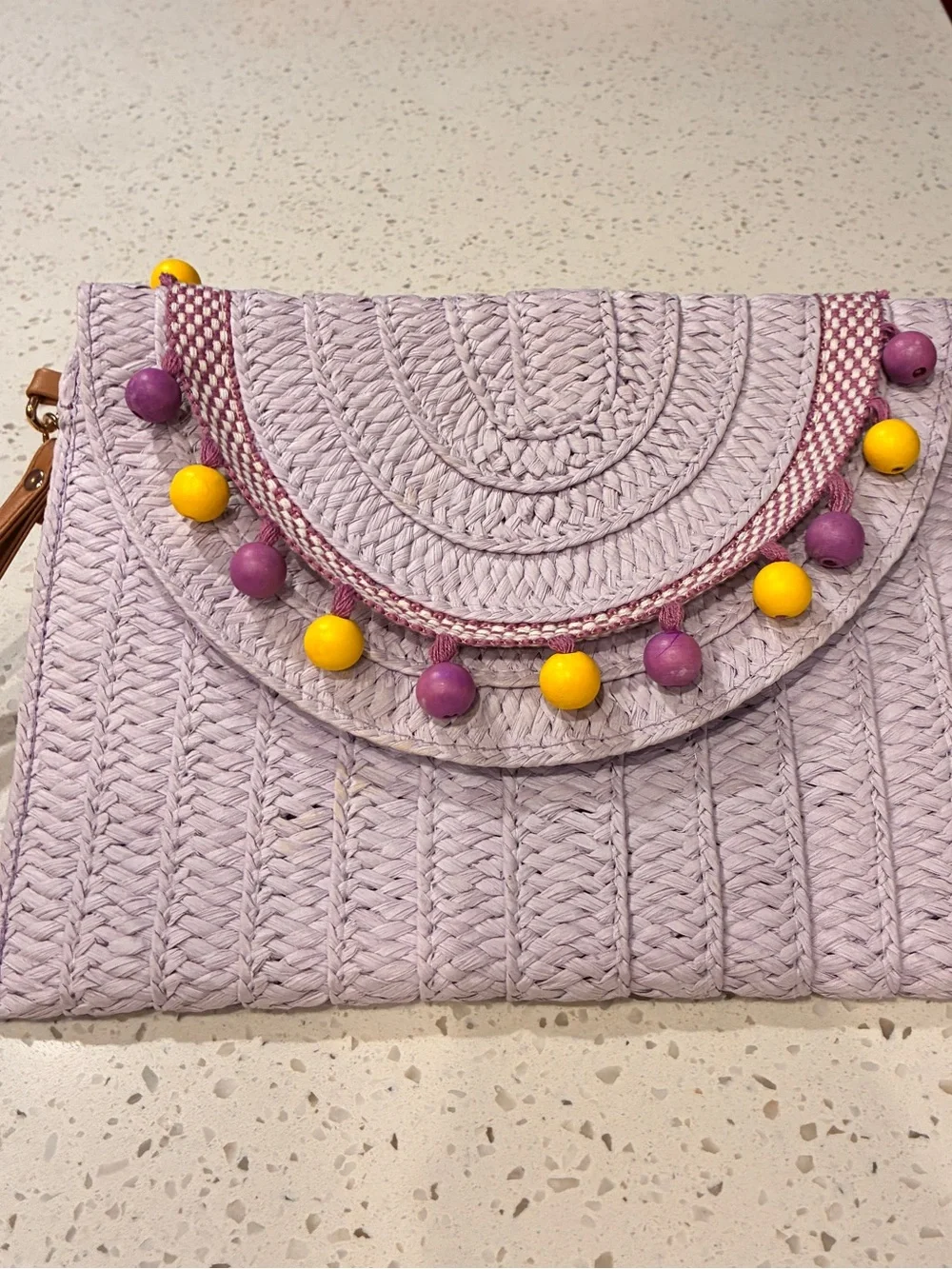 Boutique Lavender & Lemon Woven Envelope Clutch Crossbody Beaded Boho Purse